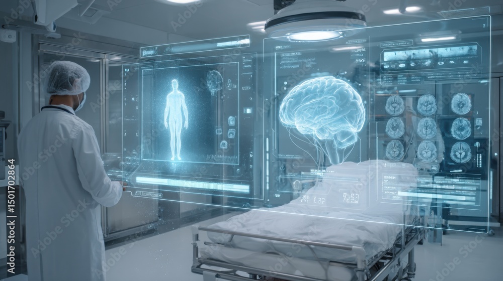 A high-tech hospital room with an AI interface analyzing brain and body scans in real time A high-tech hospital room with an AI interface analyzing brain and body scans in real time