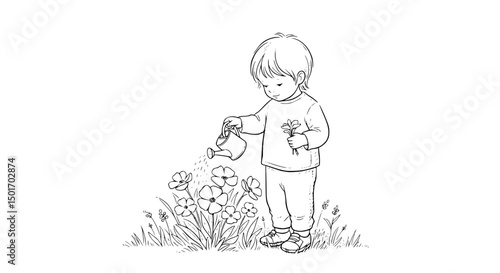 Child Tenderly Watering Flowers Holding Delicate Blooms