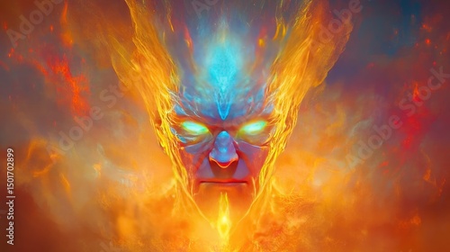 Fiery, ethereal face engulfed in vibrant flames, glowing eyes