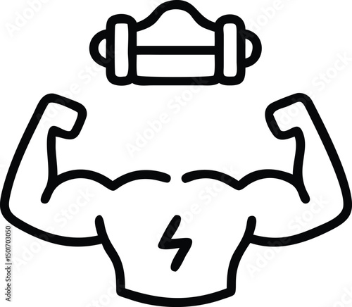 Illustration of flexed muscular arms and dumbbell in bold lines