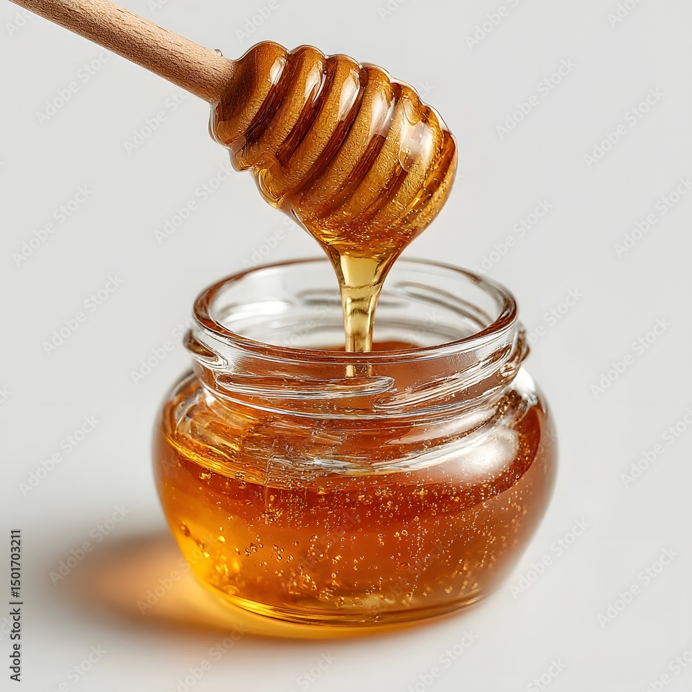 Golden Honey Dripping from Wooden Dipper into Clear Glass Jar on White Background Golden Honey Dripping from Wooden Dipper into Clear Glass Jar on White Background