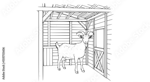 Line Art Goat in Wooden Shelter