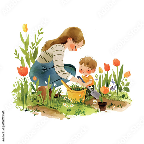 Mother and son gardening together, planting flowers in a colorful garden during a sunny afternoon in spring