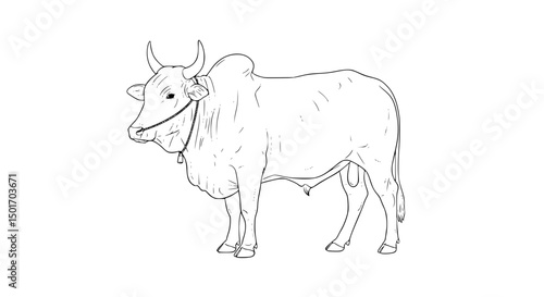 Line Art Illustration of a Brahman Bull with Bell