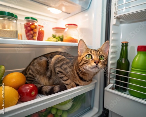 Wallpaper Mural A tabby cat is lying inside a refrigerator drawer among fruits and vegetables, looking up curiously Torontodigital.ca