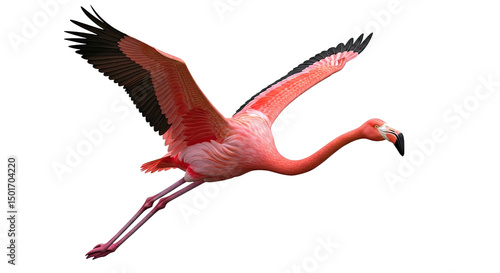 Artistic illustration of a vibrant pink flamingo in full flight, showcasing detailed feathers and elegant form. Isolated on white, perfect for wildlife art.