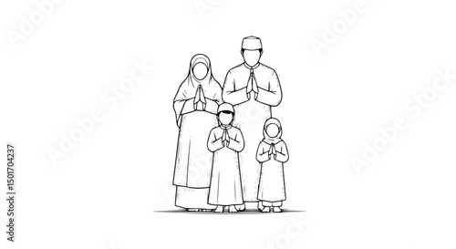 Muslim Family in Prayerful Pose Line Art Illustration