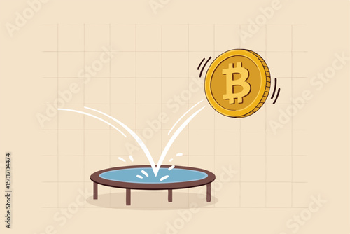 Bitcoin price rebound, crypto currency bounce back to rising up after falling down concept, golden bitcoin bounce back on the trampoline rising up on price graph.