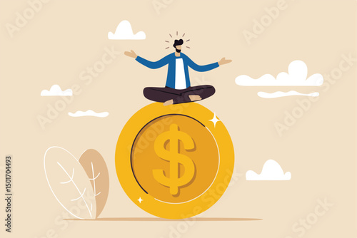 Financial guru or expert, behavioral finance mindfulness for wealth management, money and investment advisor concept, smart businessman meditate and floating on big golden money dollar coin.
