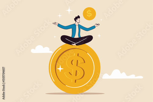 Financial guru or expert, behavioral finance mindfulness for wealth management, money and investment advisor concept, smart businessman meditate and floating on big golden money dollar coin.