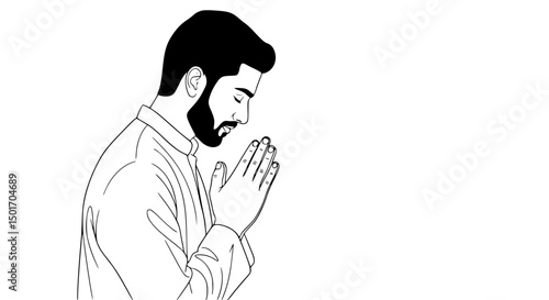 Profile of a Bearded Man in Prayer Line Art Illustration