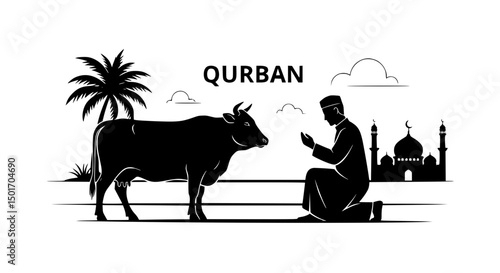 Silhouette of Man Praying Before Cow Qurban Festival Scene