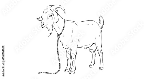 Tethered Goat Line Drawing Profile View of a Goat with Rope