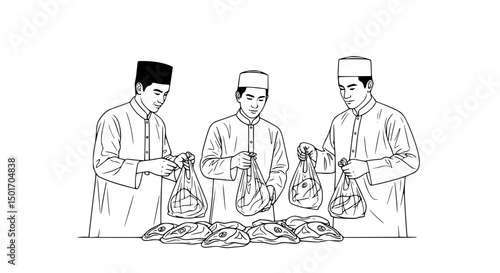Three Men in Traditional Clothing Bagging Fish