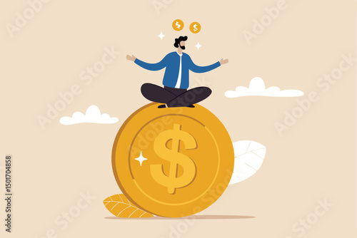 Financial guru or expert, behavioral finance mindfulness for wealth management, money and investment advisor concept, smart businessman meditate and floating on big golden money dollar coin.