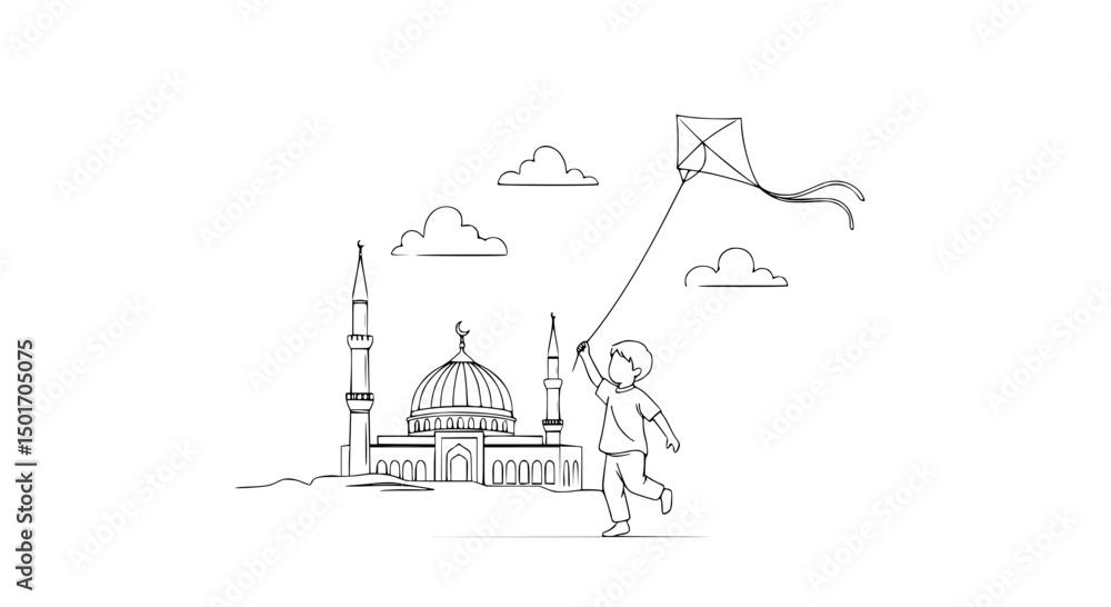 Naklejka premium Boy Joyfully Flying Kite Near Mosque Under Cloudy Sky