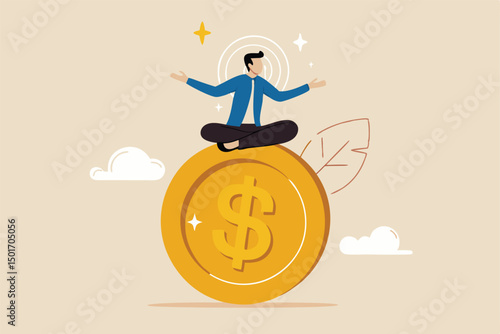 Financial guru or expert, behavioral finance mindfulness for wealth management, money and investment advisor concept, smart businessman meditate and floating on big golden money dollar coin.