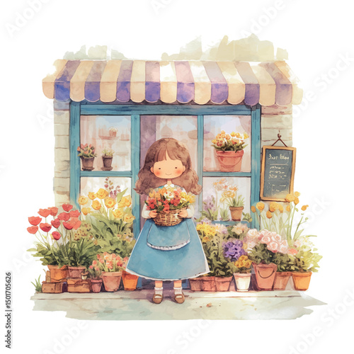 Young girl holding basket of flowers outside a charming flower shop during a sunny day in springtime