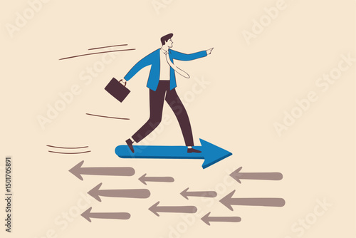 Contrary investment, be different in opposite direction concept, businessman riding arrow in different direction or other people or mainstream.