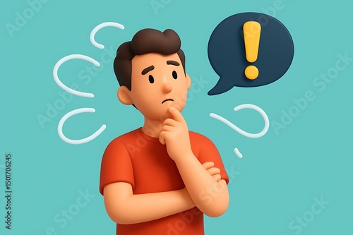 3D Cartoon Man Contemplating Problem, Question Marks, Exclamation