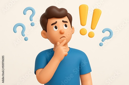 3D Cartoon Man Contemplating Problem, Question Marks, Exclamation