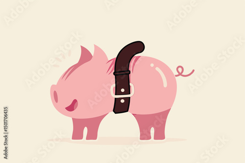 Tighten belt to reduce budget or spending, financial crisis or economic slow down, keep cost and expense low to survive, pink piggybank tighten belt on his belly metaphor of saving cost.