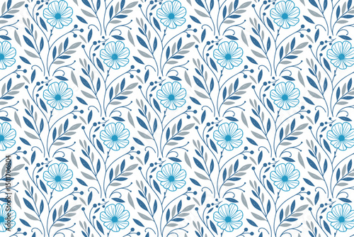 minimalist blue flower seamless pattern, single line cotton sketch design, textile art print for fashion and tabletop fabric

