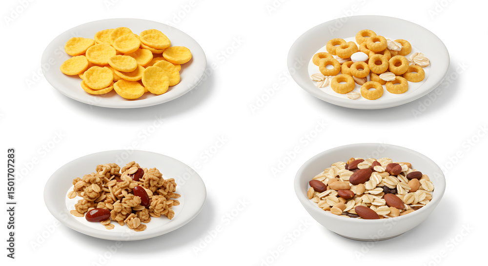 Variety of breakfast cereals on plates and bowl against white background Variety of breakfast cereals on plates and bowl against white background