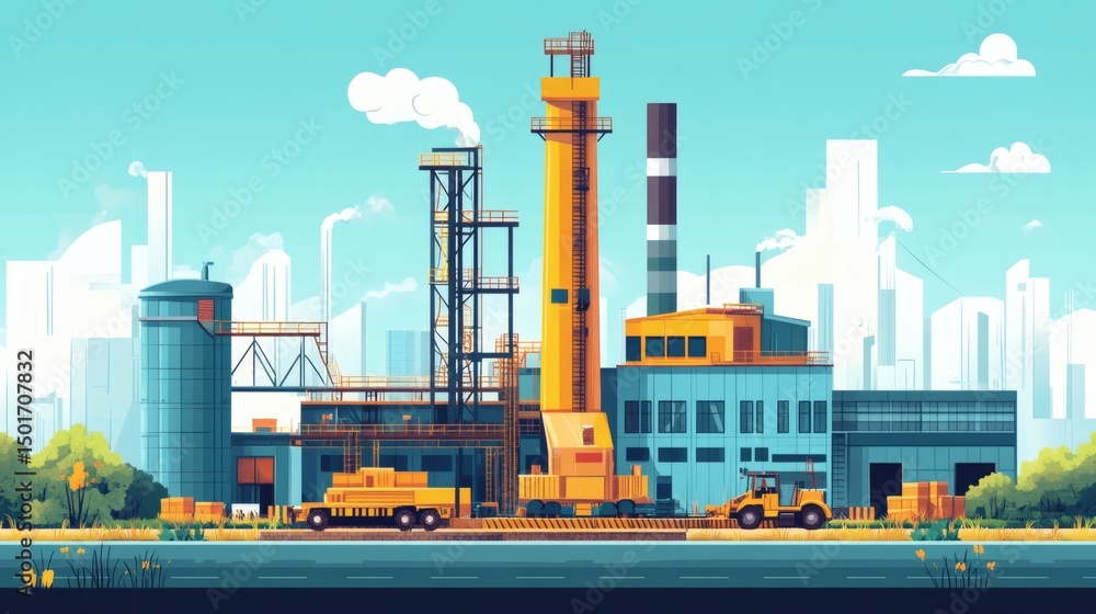 Obraz premium Industrial complex with smokestacks, factories, and vehicles on a sunny day.
