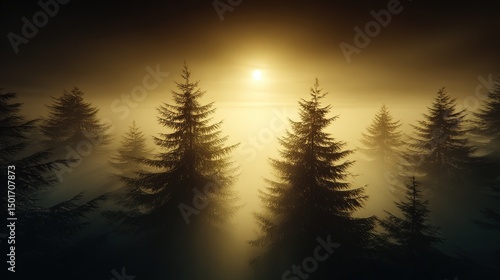 Sunlight peers through the fog blanketing a serene forest of evergreen trees, creating an ethereal glow and a sense of peace and mystery in the landscape.