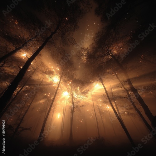 Ethereal glow permeates a dark forest at night, illuminating tall trees reaching towards a sky filled with twinkling lights in a dreamy and mystical scene.
