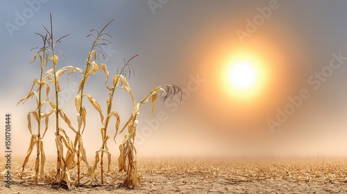 Scorching sun beats down on a parched cornfield where withered stalks stand as a stark reminder of the devastating effects of prolonged drought conditions today.
