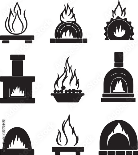 Black and White Fire Icons Vector Set: Fireplace, Pizza Oven, Flame Illustrations for Graphic Design, Logo, and Web Design Elements