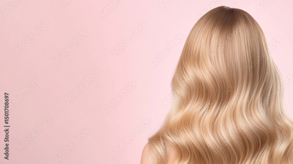 Naklejka premium Shimmering bouncy waves with flawless high shine effect on long blonde hair against soft pink background, creating elegant and smooth appearance