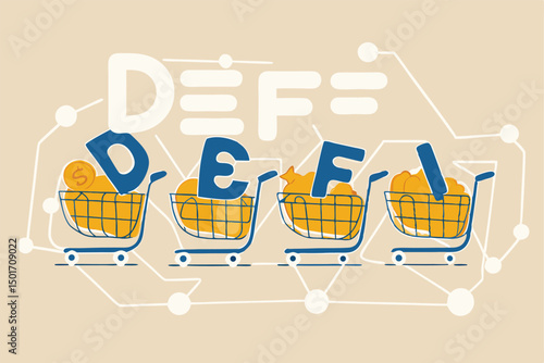 Decentralized finance, new technology using blockchain for banking, digital money or financial platform and application concept, shopping cart with alphabets DEFI on decentralized link dots pattern.