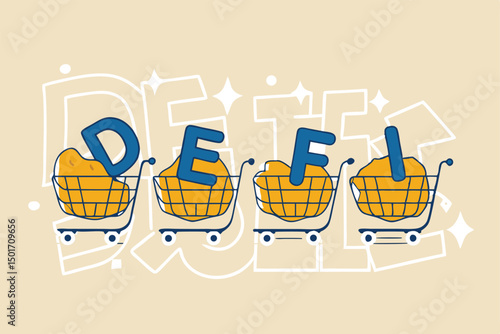 Decentralized finance, new technology using blockchain for banking, digital money or financial platform and application concept, shopping cart with alphabets DEFI on decentralized link dots pattern.