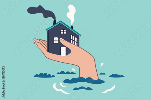 House insurance protection from disaster, safety and rescue from storm and flood, home care concept, big human hand helping house above flood water level protect from damage.
