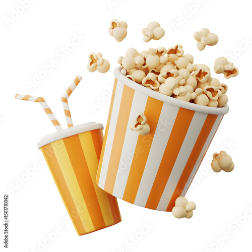 Movie night popcorn and soda 3d render