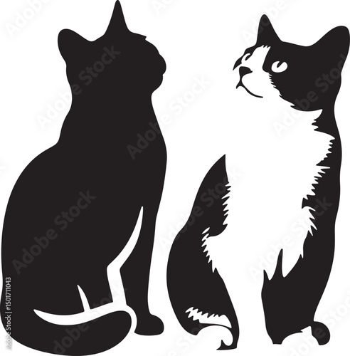 Two cats black and white silhouette, Adorable cat duo resting design