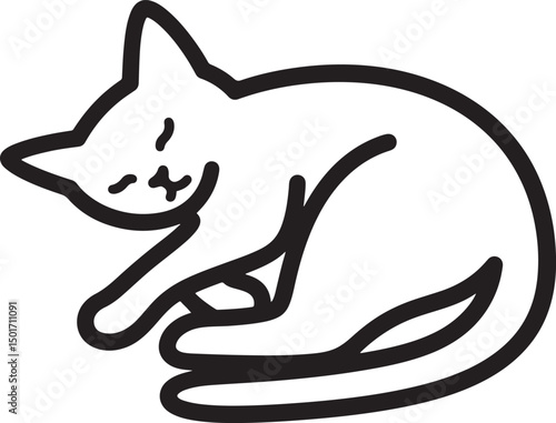 Sleeping cartoon cat silhouette, Peaceful cat nap black outline