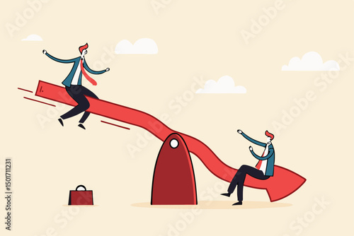 Stock market plunge, cryptocurrency or forex trading price decline, bear market concept, businessman sitting on seesaw red arrow pointing down as investment loss.