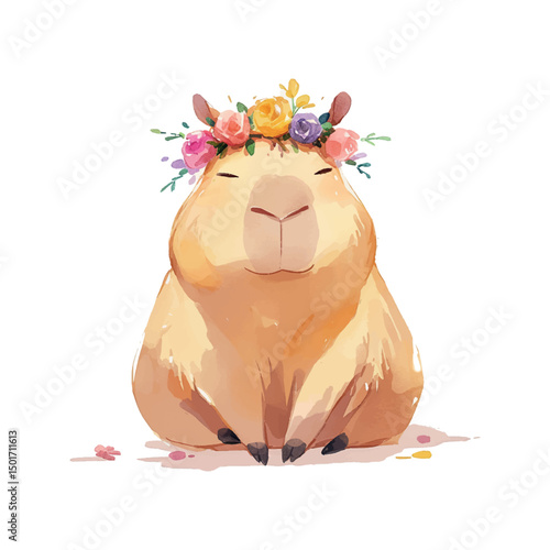 Charming capybara wearing a flower crown sits peacefully on a soft surface surrounded by colorful petals during a sunny day
