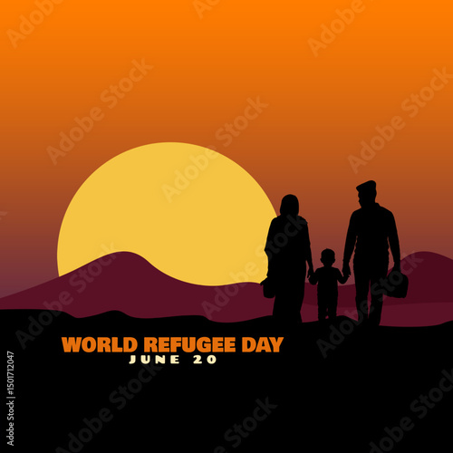 World Refugee Day to celebrate on June 20th. Illustration of a family as refugees walking together with a sunset background.