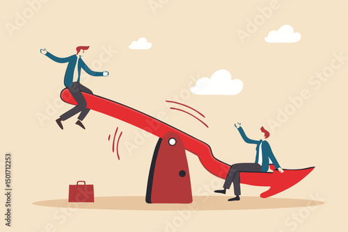 Stock market plunge, cryptocurrency or forex trading price decline, bear market concept, businessman sitting on seesaw red arrow pointing down as investment loss.