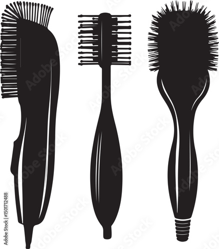 Black and White Vector Illustration of Hair Brushes: Paddle Brush, Round Brush, and Cushion Brush for Styling and Grooming Hair Care Routine