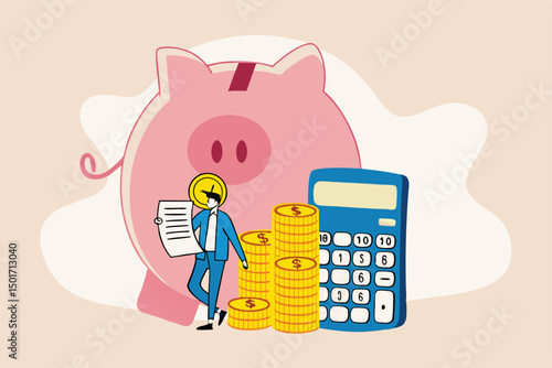 Budget, tax, expense and cost calculation, investment advisor or financial planning concept, smart businessman holding bills and budget plan with savings piggybank and calculator.