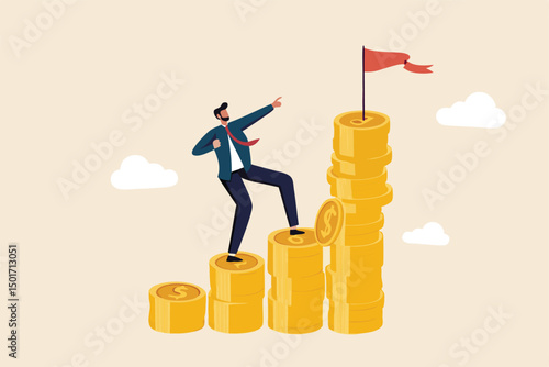 Financial goal, wealth management and investment plan to achieve target, income or salary growth concept, cheerful businessman step climbing money coin stack aiming to achieve target flag on top.