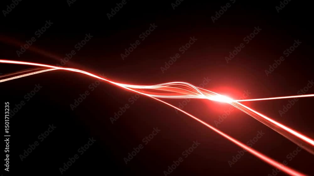 A dark background features red, glowing, parallel lines that converge to a bright point of light, creating a sense of energy