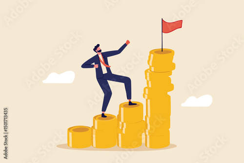 Financial goal, wealth management and investment plan to achieve target, income or salary growth concept, cheerful businessman step climbing money coin stack aiming to achieve target flag on top.