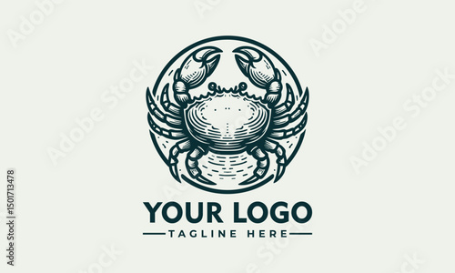 Stylized crab illustration inside circular emblem, marine animal logo, detailed claws and shell design
